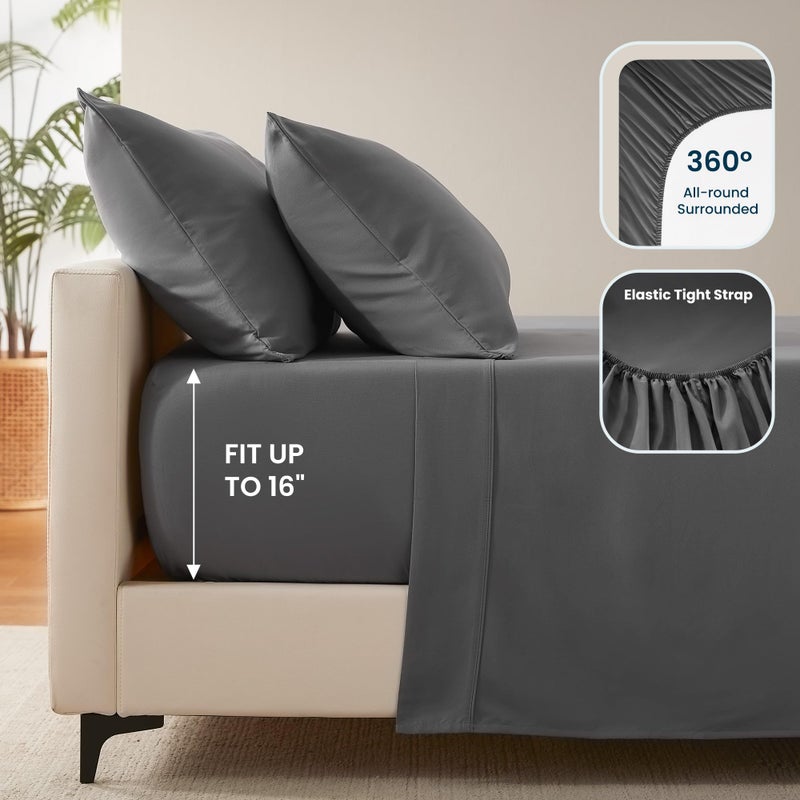 SLEEP ZONE مجموعة ملاءات سرير كوين فائقة النعومة من SLEEP ZONE من Nanotex مكونة من 4 قطع - طقم ملاءات مسطحة وأغطية وسائد سهلة العناية - خالية من التجاعيد ومقاومة للبهتان وجيب عميق مقاس 40.64 سم (رمادي، كوين) - Image 5